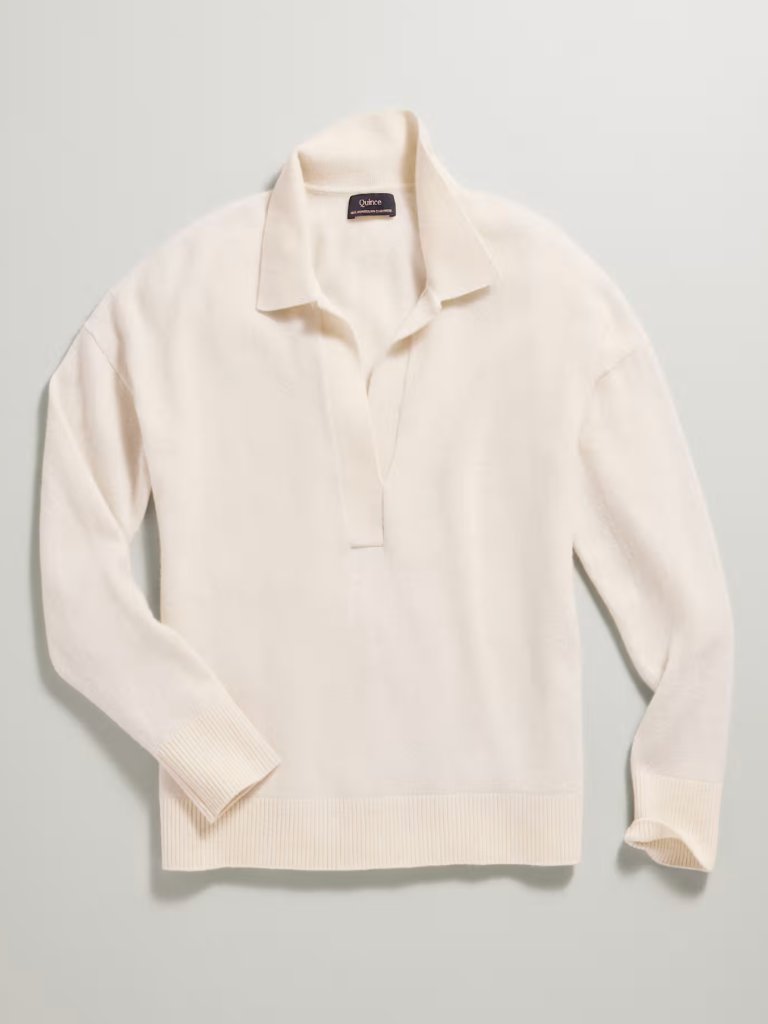 Quince Women's Mongolian Cashmere Polo Sweater, Ivory, Xs